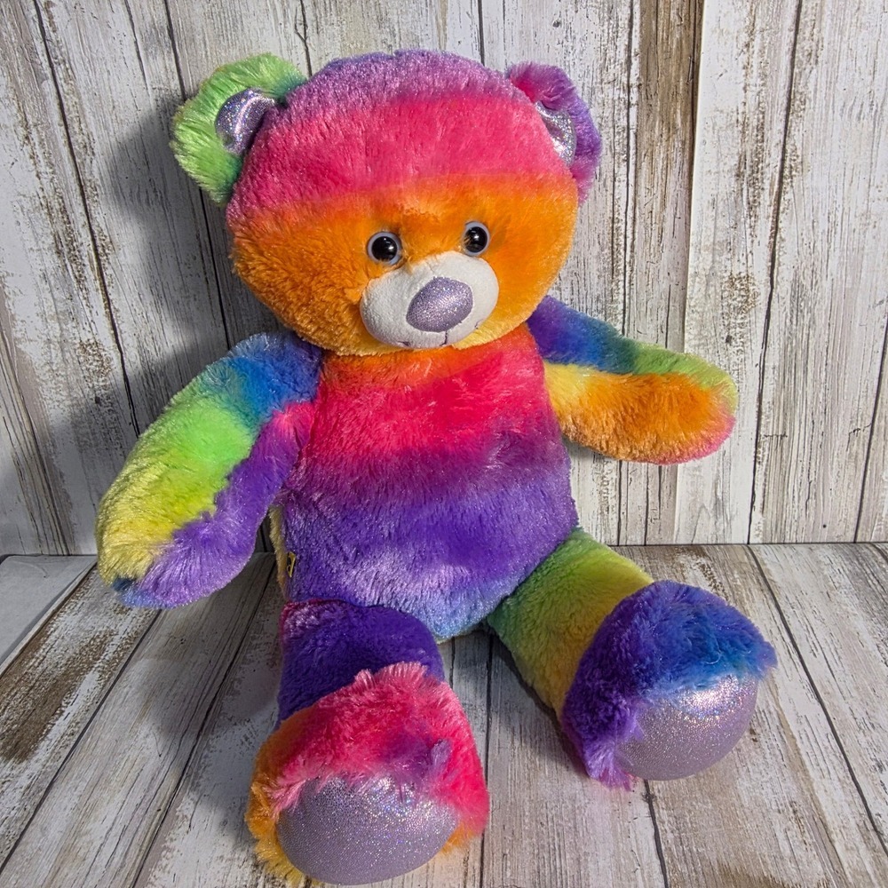 Build-A-Bear Workshop Rainbow Striped Teddy Bear Glitter Accents Plush Multi